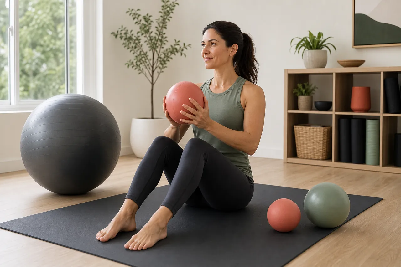 Adult seated on a mat with several generic soft exercise balls and one large stability ball