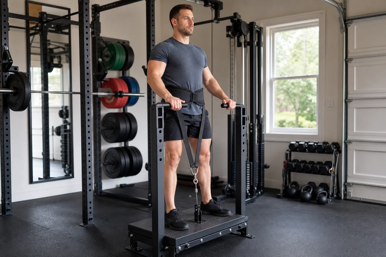 Adult using a generic hip belt connected to a low belt squat cable in a bright garage gym