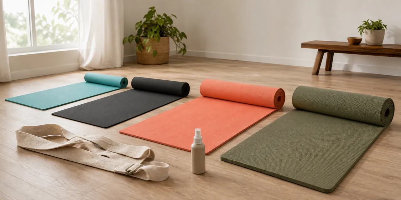 Four unbranded yoga mats in different thicknesses arranged in a bright home practice room