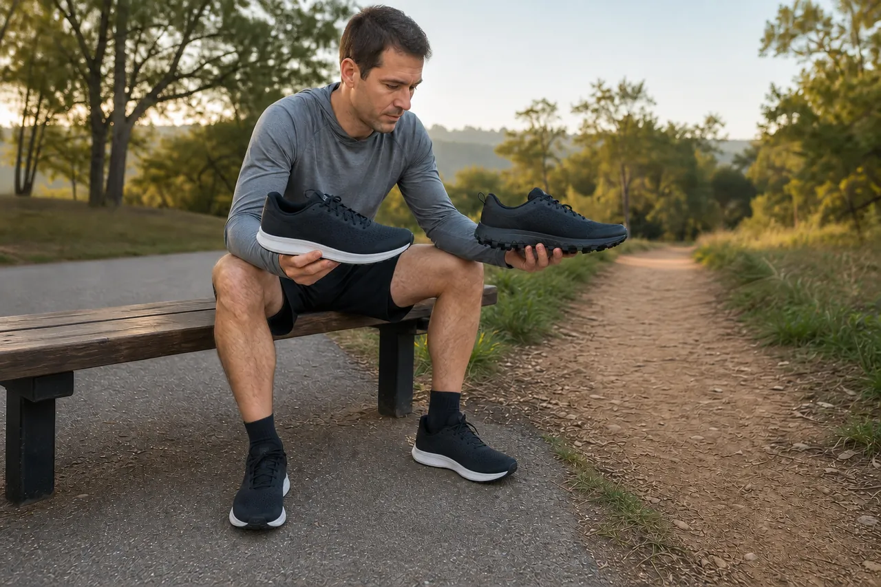 Runner comparing a plain road shoe and a lugged trail shoe beside paved and dirt paths