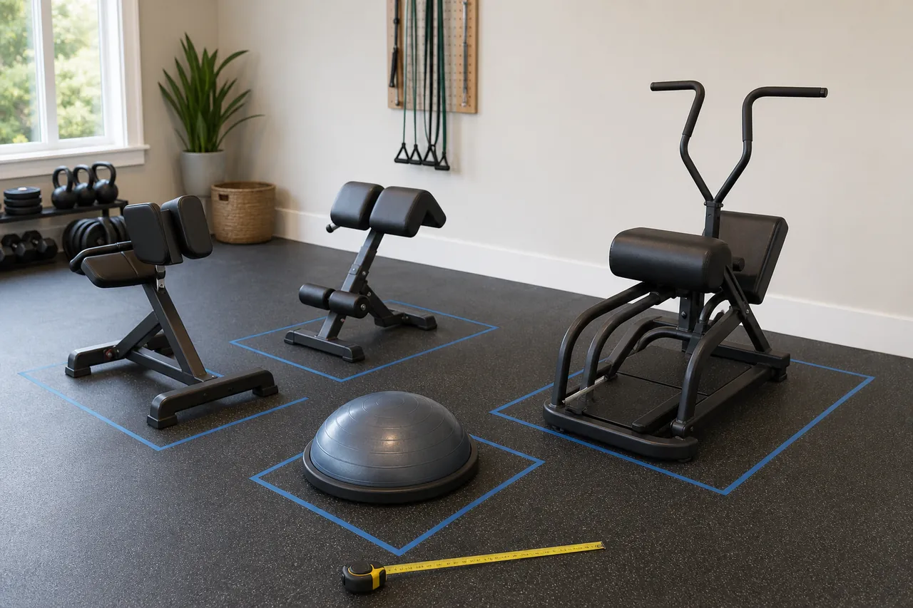 Generic unbranded core-training equipment arranged in taped floor footprints in a home gym