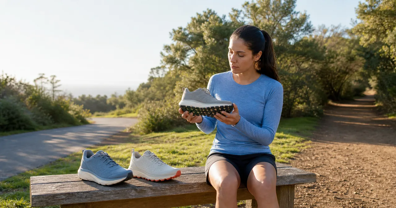 Woman comparing three unbranded running shoes where a road meets a dirt trail