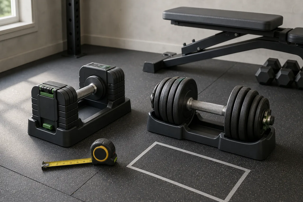 Generic unbranded adjustable dumbbells in two different mechanisms beside a tape measure in a bright home gym