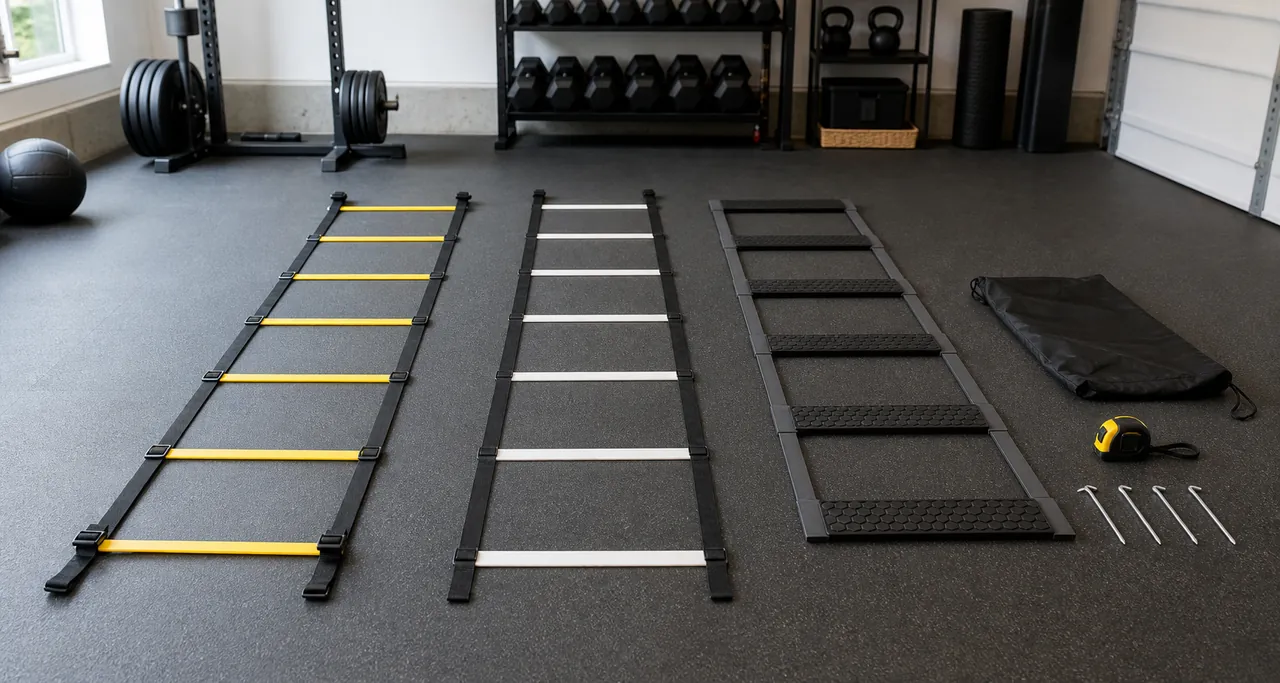 Three generic unbranded footwork ladder formats laid flat on a garage gym floor beside a tape measure, carry bag and stakes