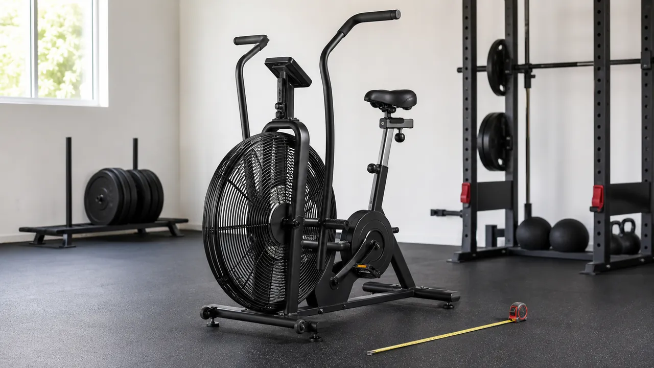 Generic unbranded moving-arm air bike beside a tape measure in a tidy garage gym