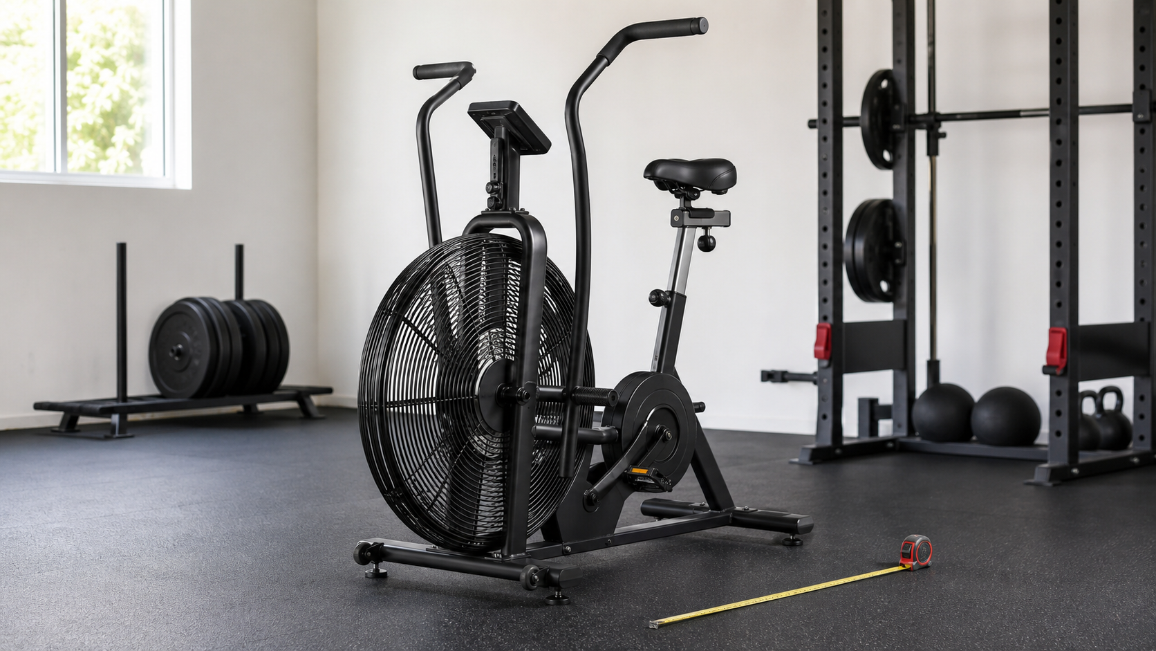 Generic unbranded moving-arm air bike beside a tape measure in a tidy garage gym