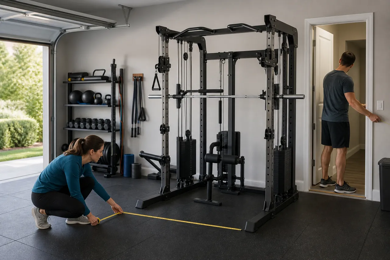 Two people measure floor and doorway clearance around a generic all-in-one strength station in a home garage