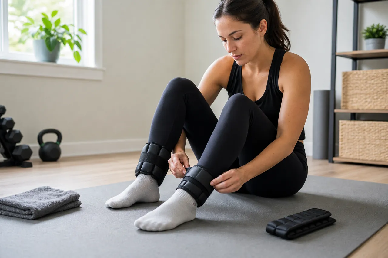 Person fastening generic segmented ankle weights over socks on a home exercise mat