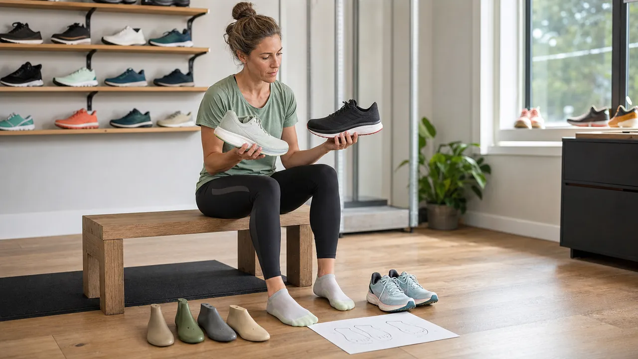 Runner seated in a shoe shop comparing two generic unbranded road shoes