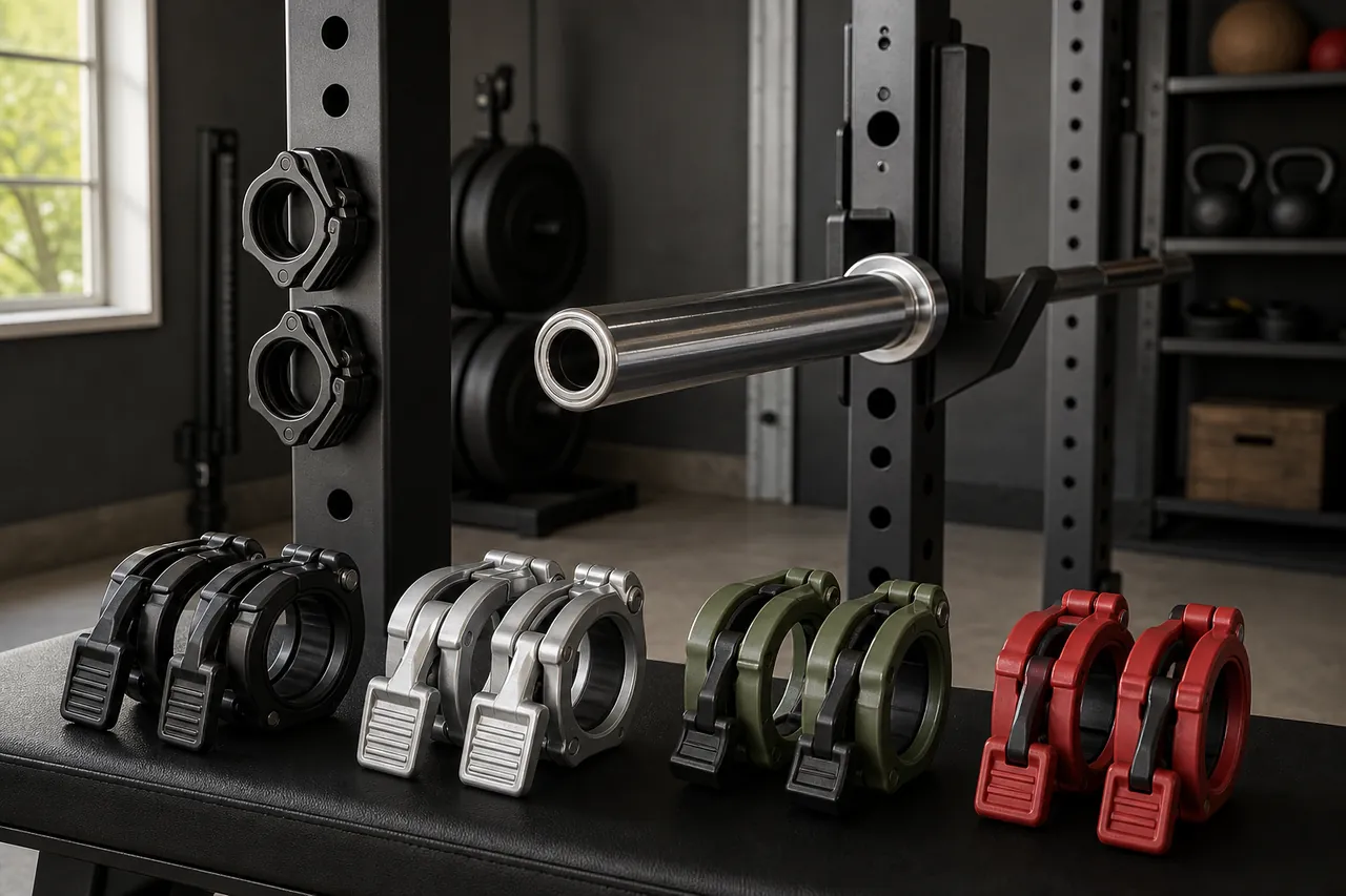 Unbranded clamp collars beside an unloaded Olympic bar sleeve in a tidy home gym