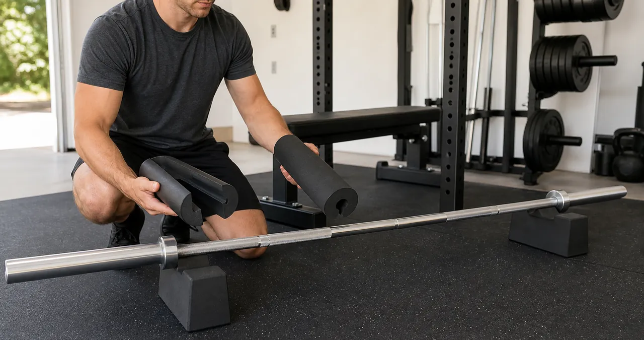 Home-gym owner comparing generic foam barbell-pad channels beside an unloaded bar