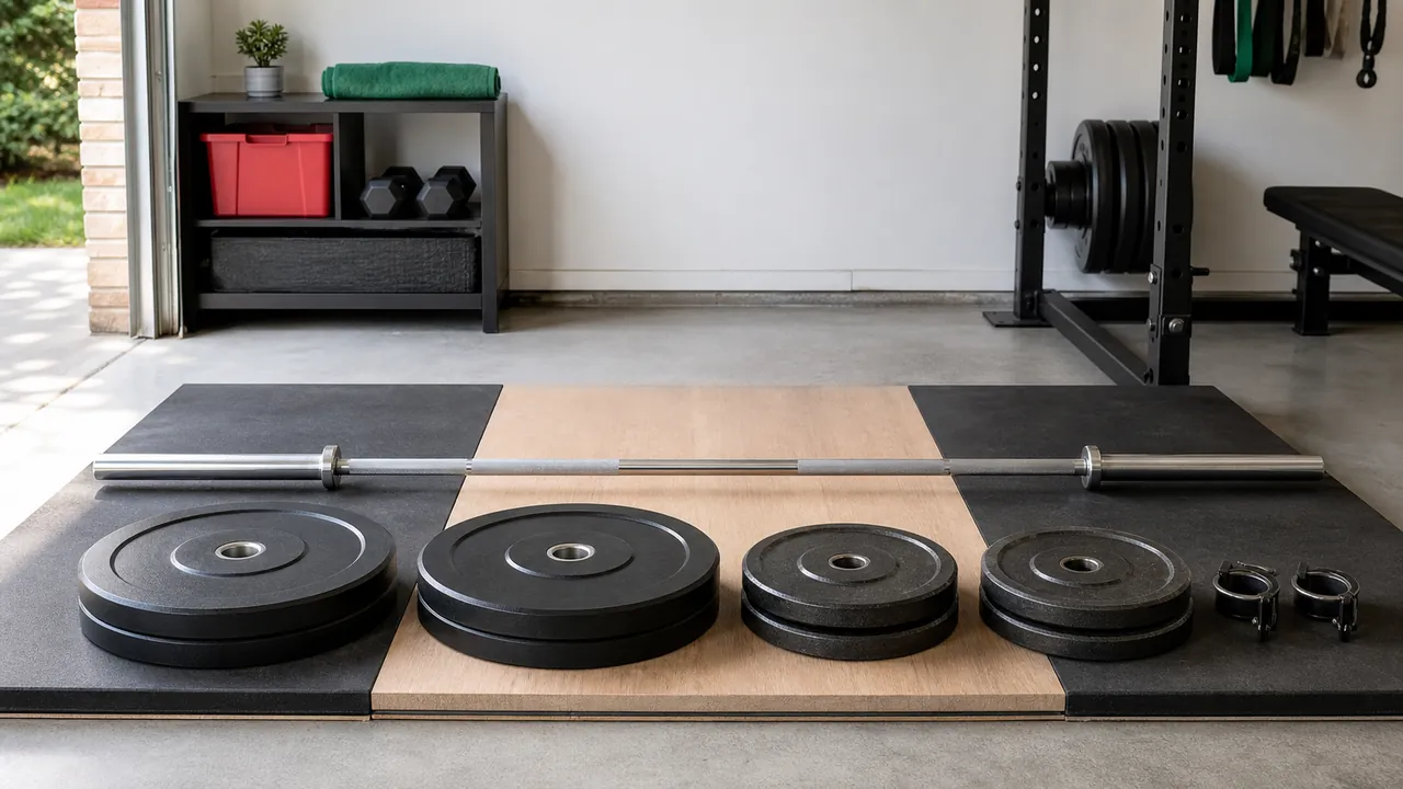 A generic Olympic bar, paired bumper and iron plates, and collars arranged on a garage lifting platform.