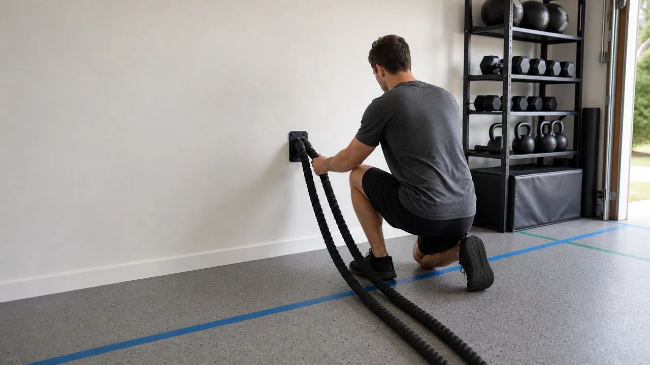 An unbranded battle-rope lane being arranged beside a wall anchor in a garage gym