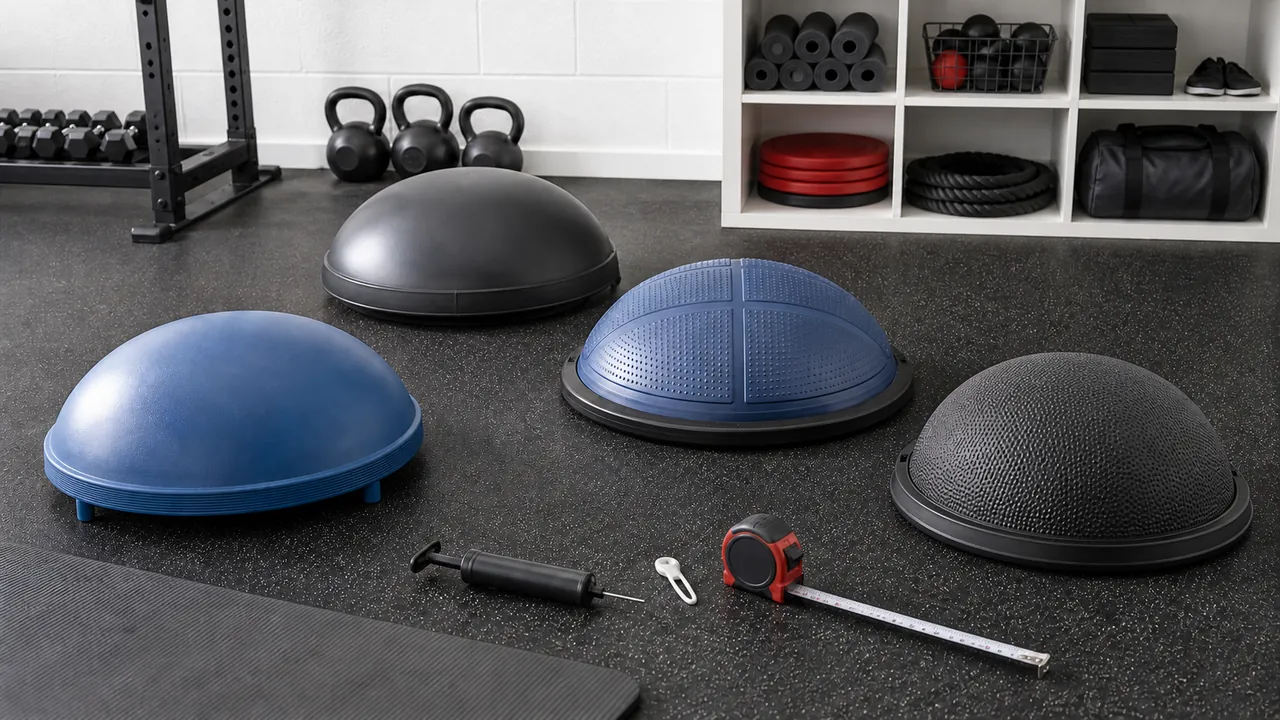 Four generic unbranded half-dome balance trainers beside a pump, plug tool and tape measure in a gym