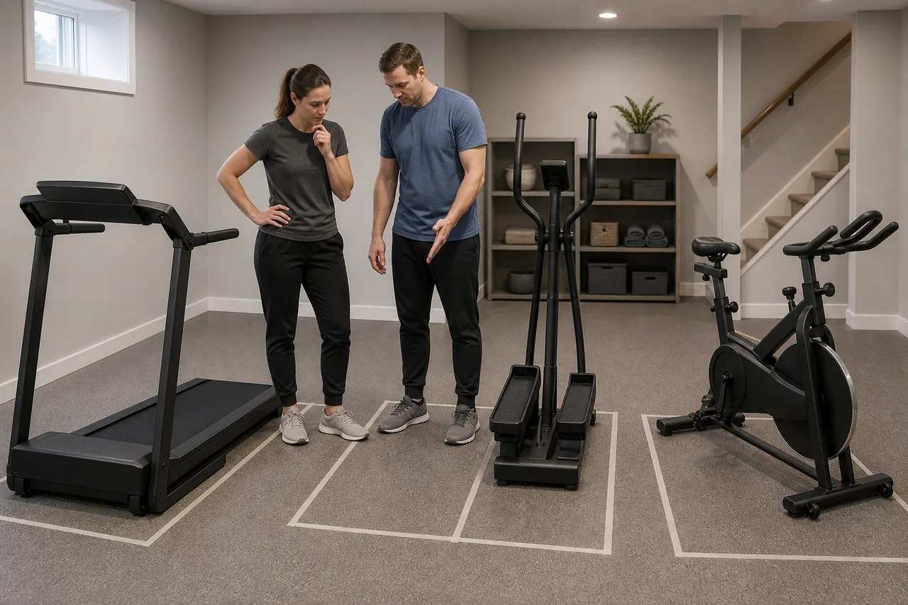 Two people compare taped floor spaces for a generic treadmill compact climber and indoor bike