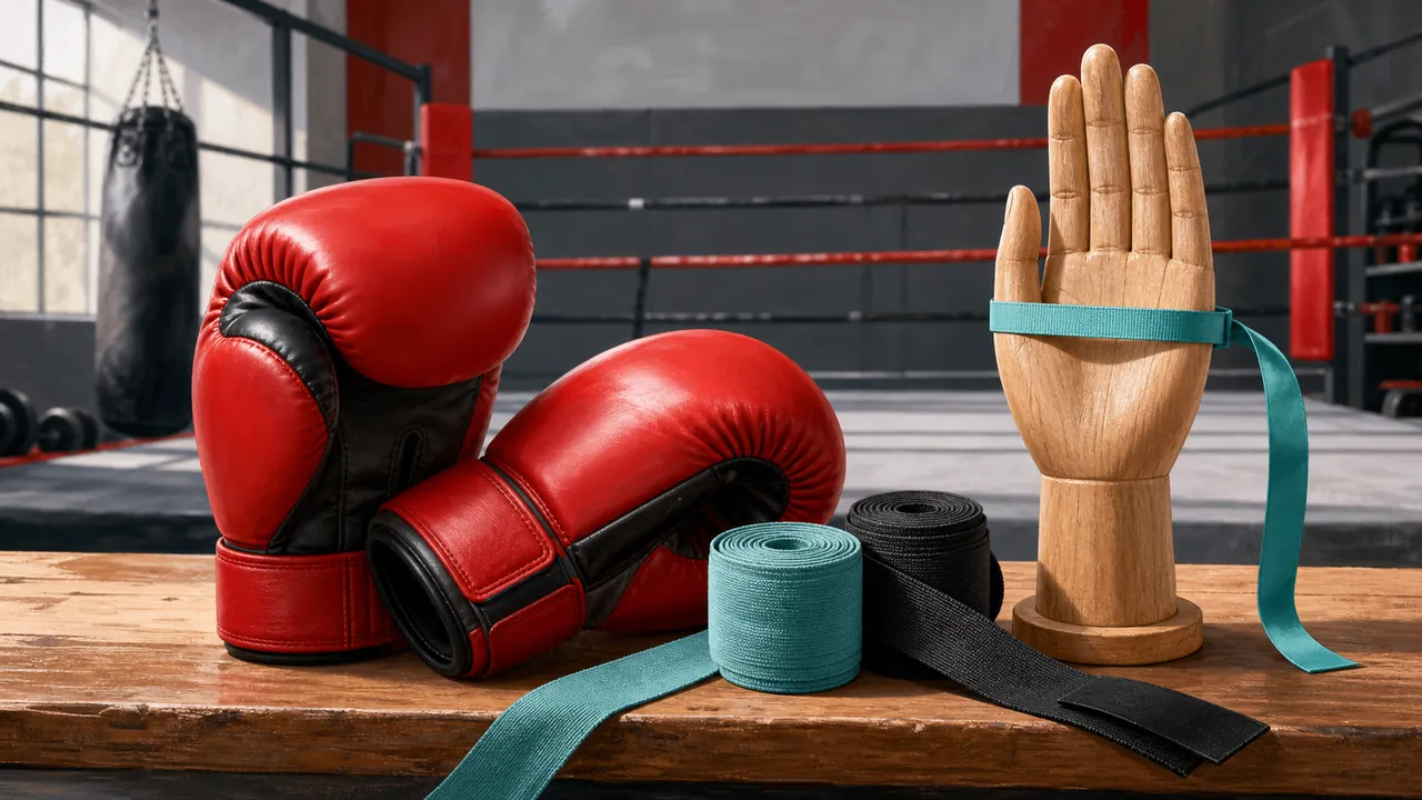 Unbranded boxing gloves, hand wraps and a wooden hand form with a fit ribbon in a gym
