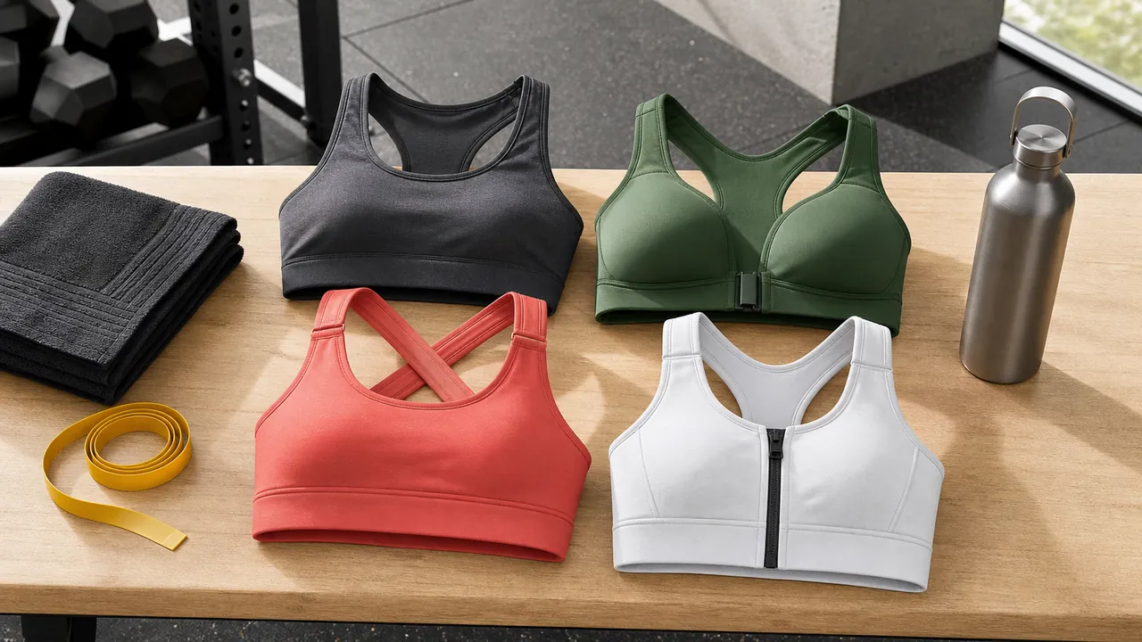 Four generic sports-bra constructions arranged on a gym bench