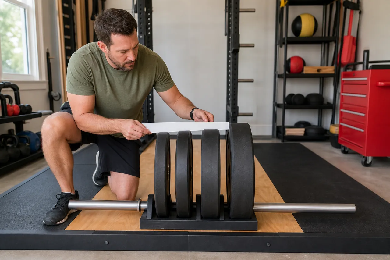 Home-gym owner measuring generic unbranded bumper plates beside an Olympic bar