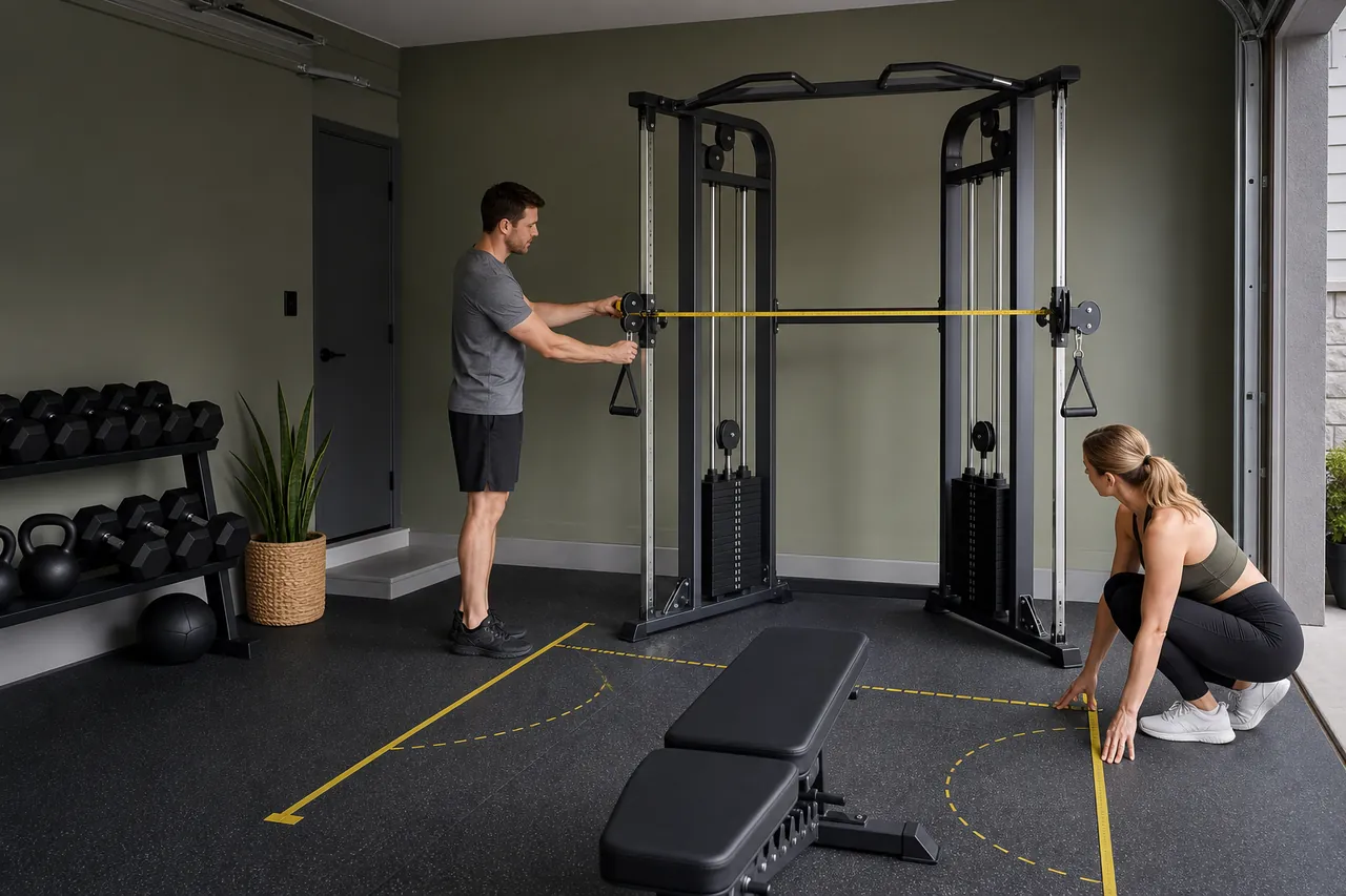Two people measure pulley spacing and floor clearance around a generic dual-cable trainer in a garage