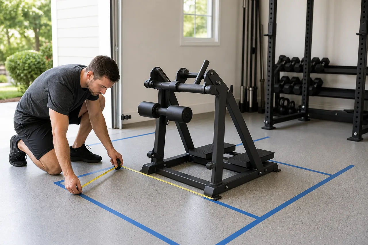 Tape measure and floor tape marking space around a generic unloaded calf machine in a home gym