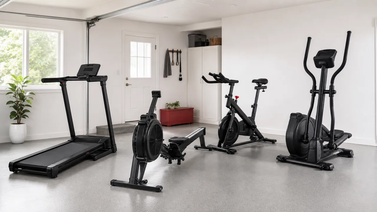 Four generic home cardio machines: a treadmill, rower, indoor cycle, and elliptical in a bright garage room.