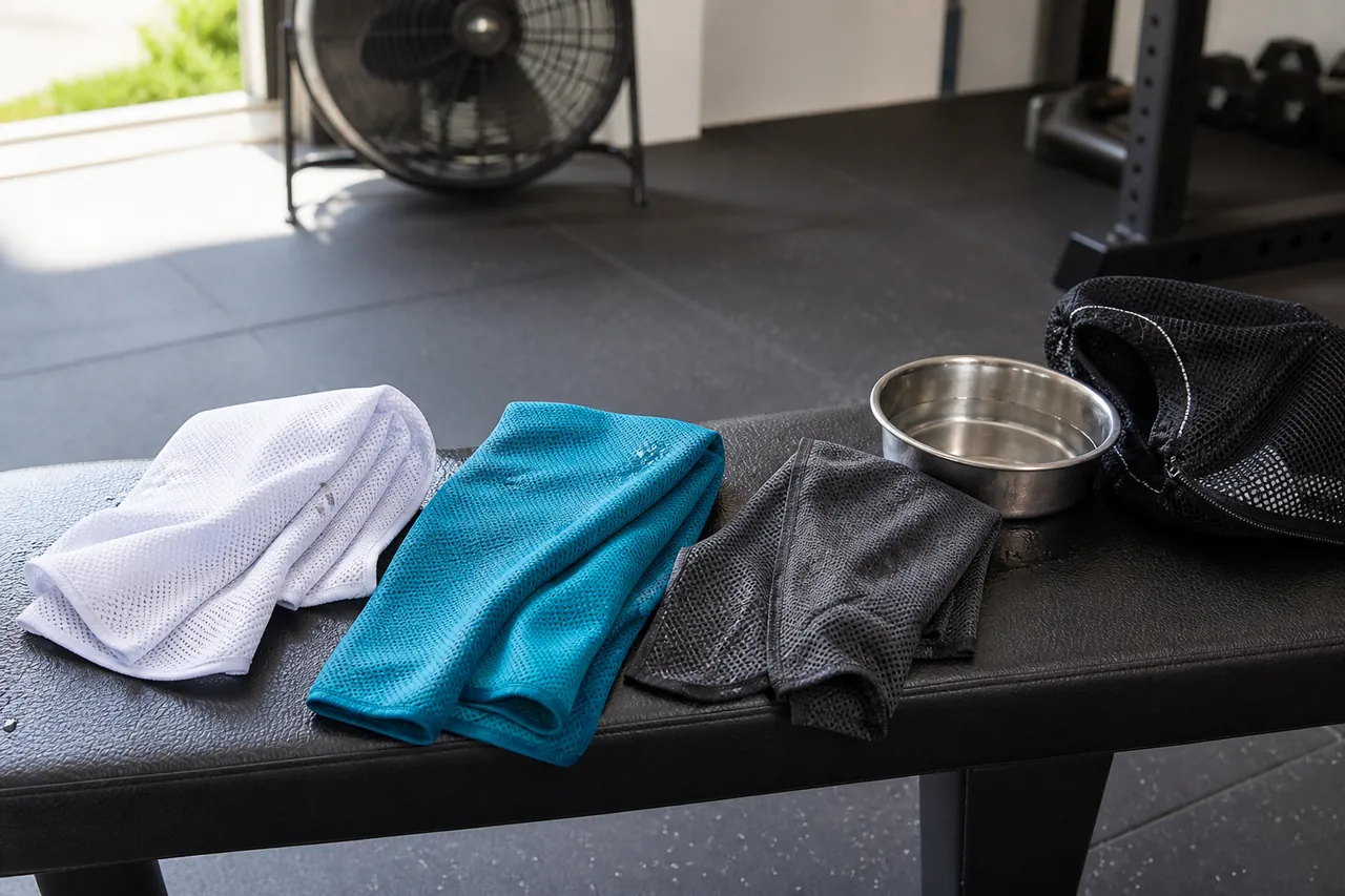 Generic unbranded damp training towels beside a water bowl and ventilated pouch