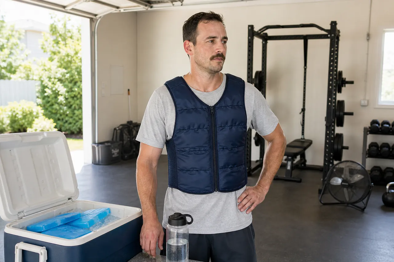 Adult resting in a bright garage gym while wearing a generic plain cooling vest beside a cooler and water bottle