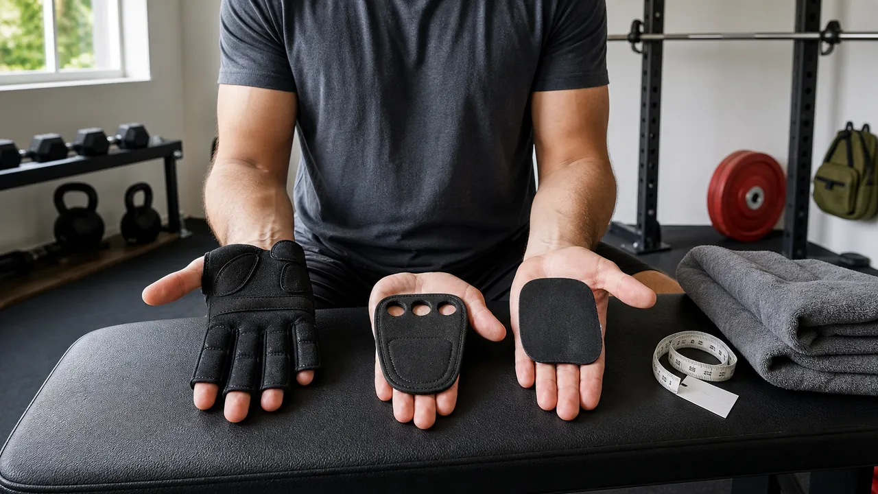 An athlete compares generic glove and palm-grip formats on a gym bench.