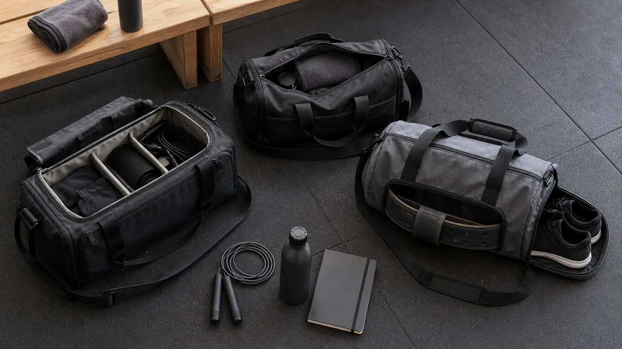 Three generic unbranded gym duffels arranged with plain training accessories on a rubber floor.