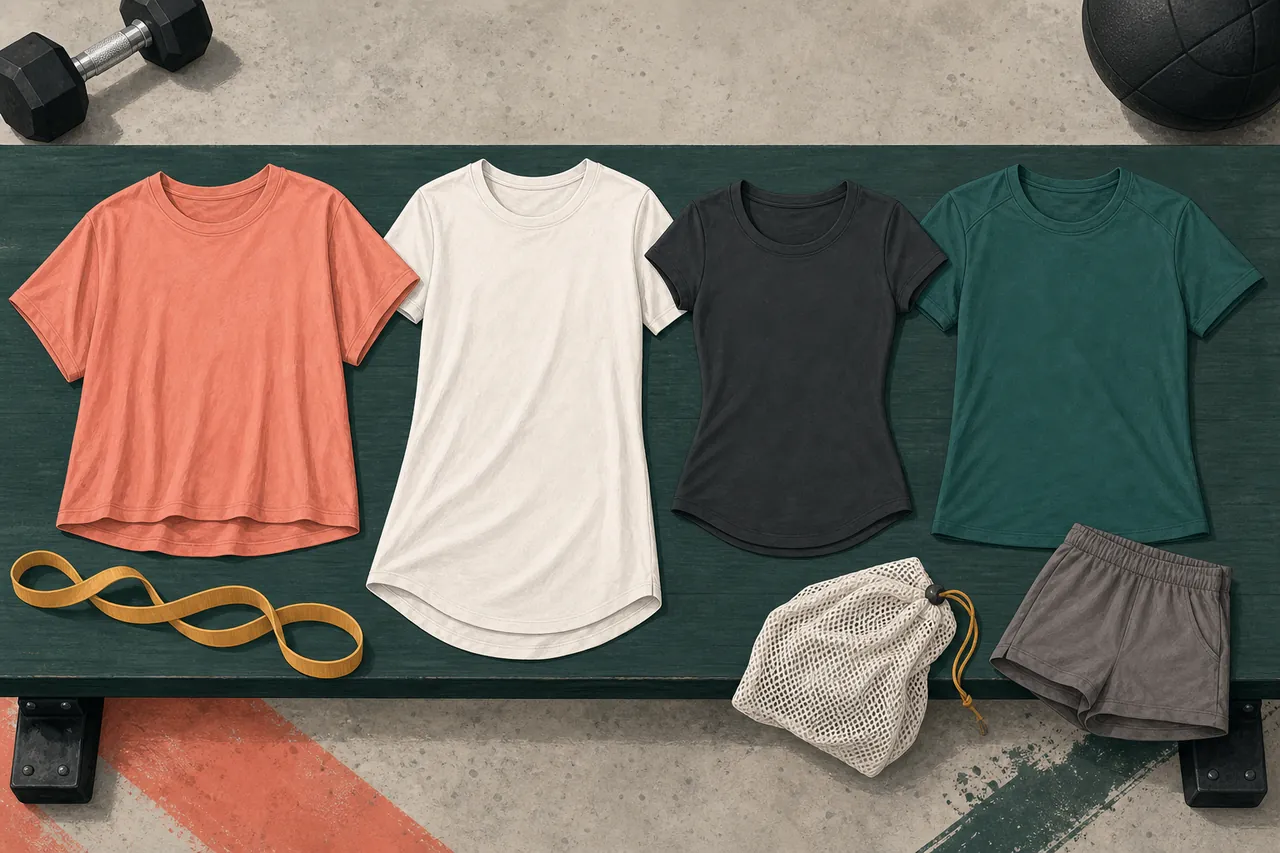 Illustration of four unbranded women's training shirts in different cuts on a gym bench