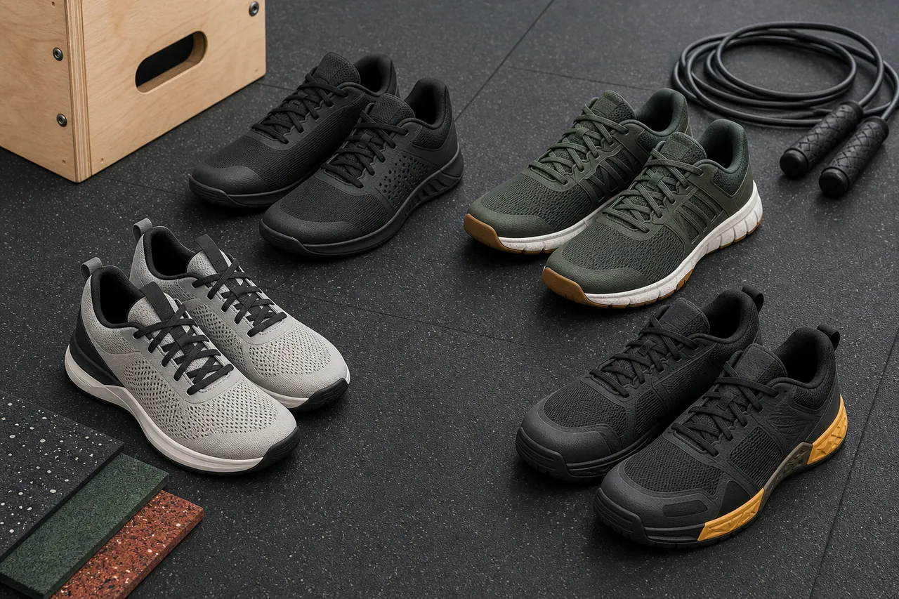 Illustration of four pairs of generic unbranded training shoes on gym flooring