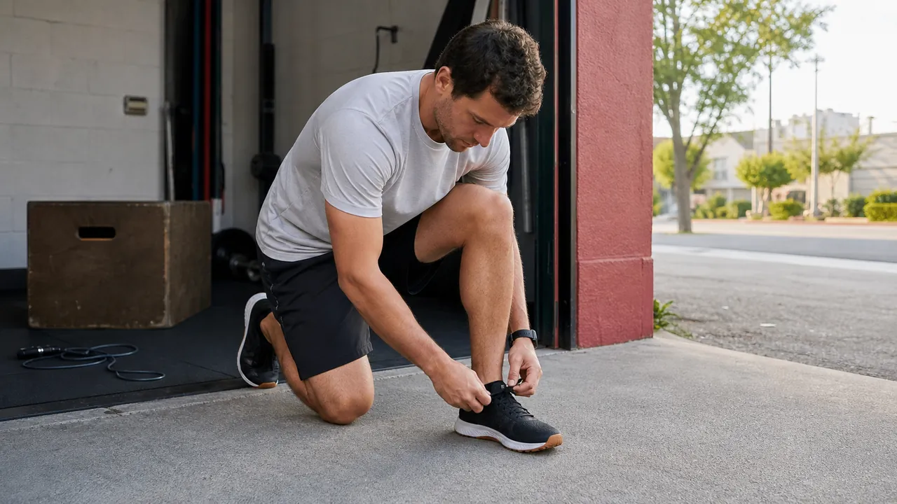 Athlete tying a generic training shoe at a gym doorway before a short outdoor run.
