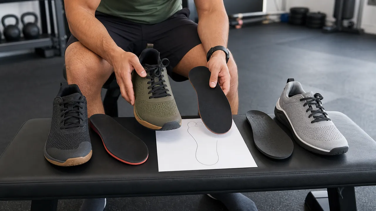 Three generic training shoes beside removable insoles and a paper foot outline on a gym bench.