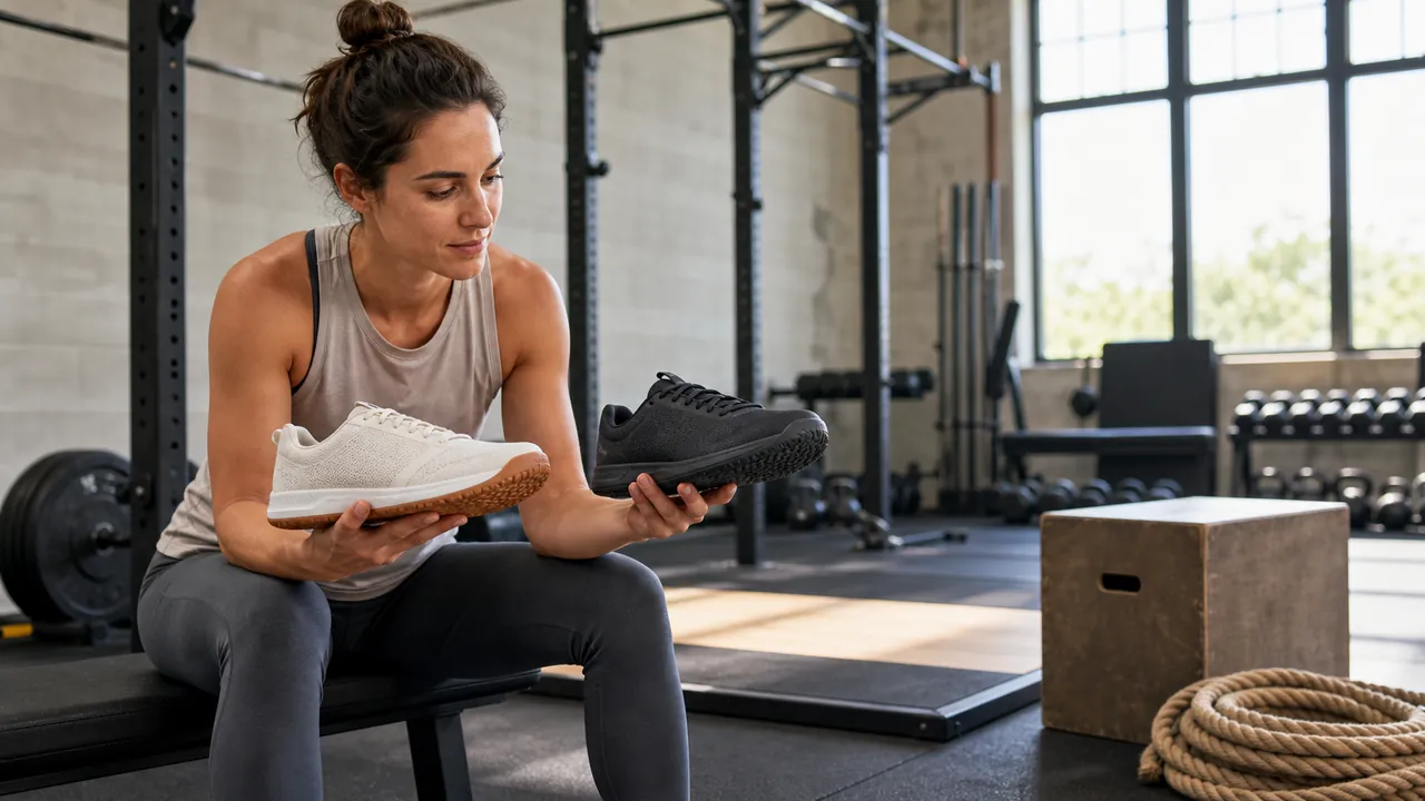 Woman comparing two generic training shoes while seated in a gym
