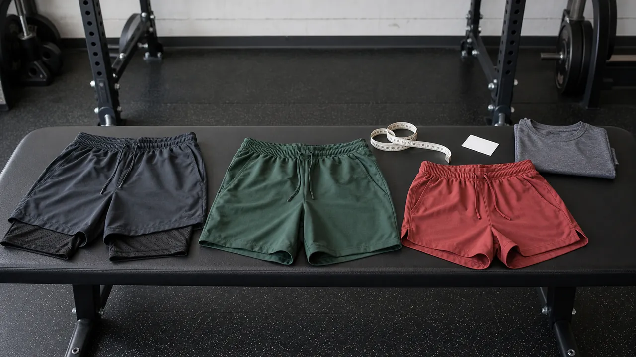 Three pairs of generic training shorts, including one lined pair, laid on a gym bench beside a measuring tape.