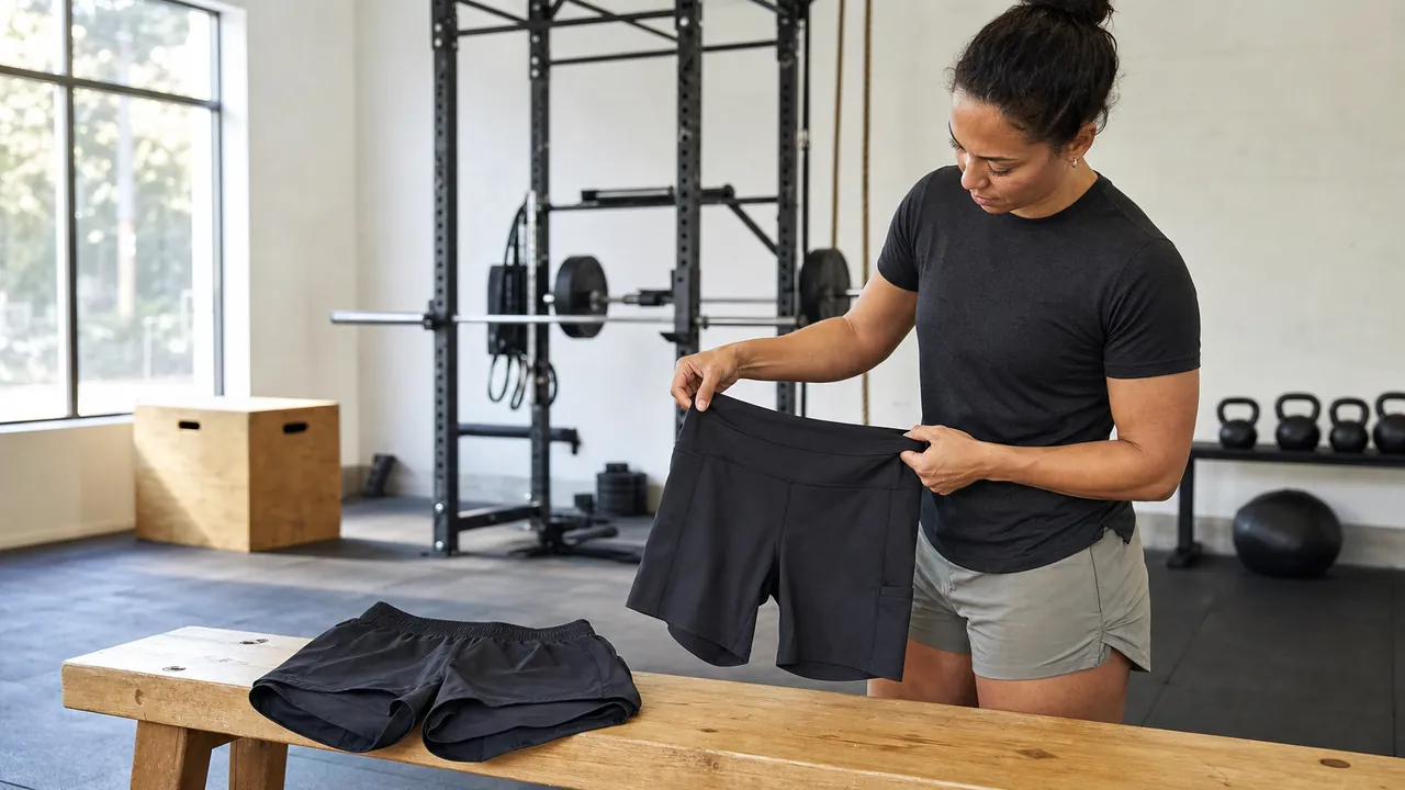 Woman comparing generic fitted and loose training shorts in a gym