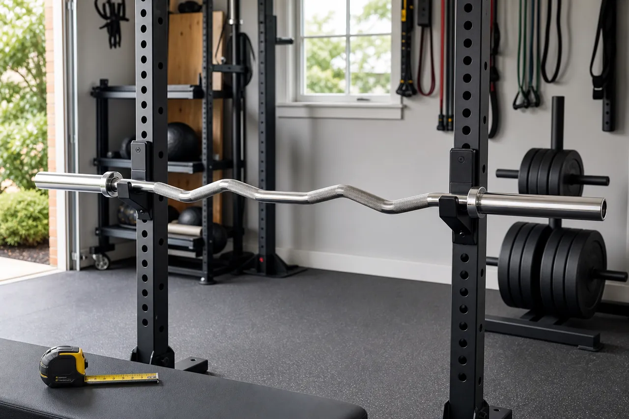 Generic unbranded rackable curl bar resting on J-cups in a bright garage gym beside a tape measure