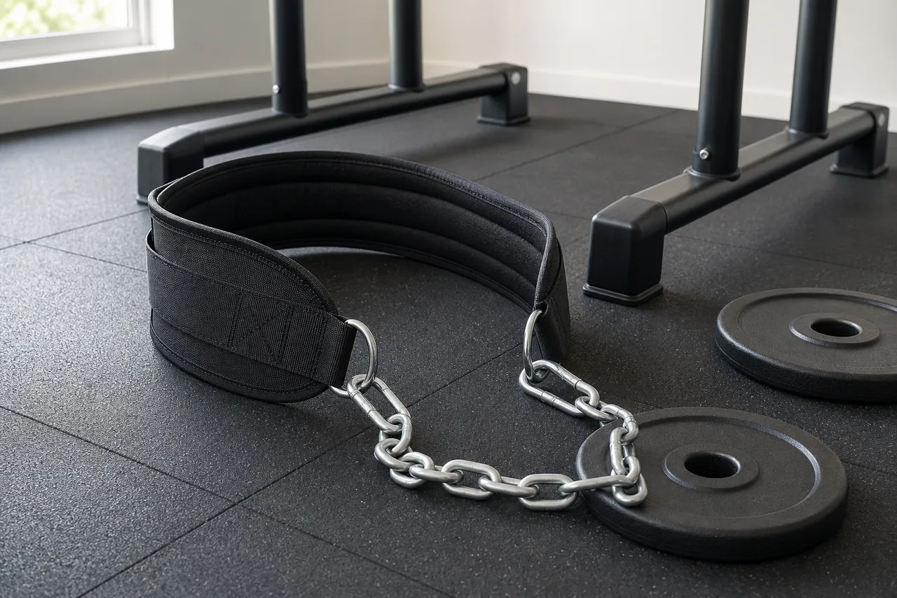 Unbranded padded dip belt and chain laid beside plain weight plates and dip bars