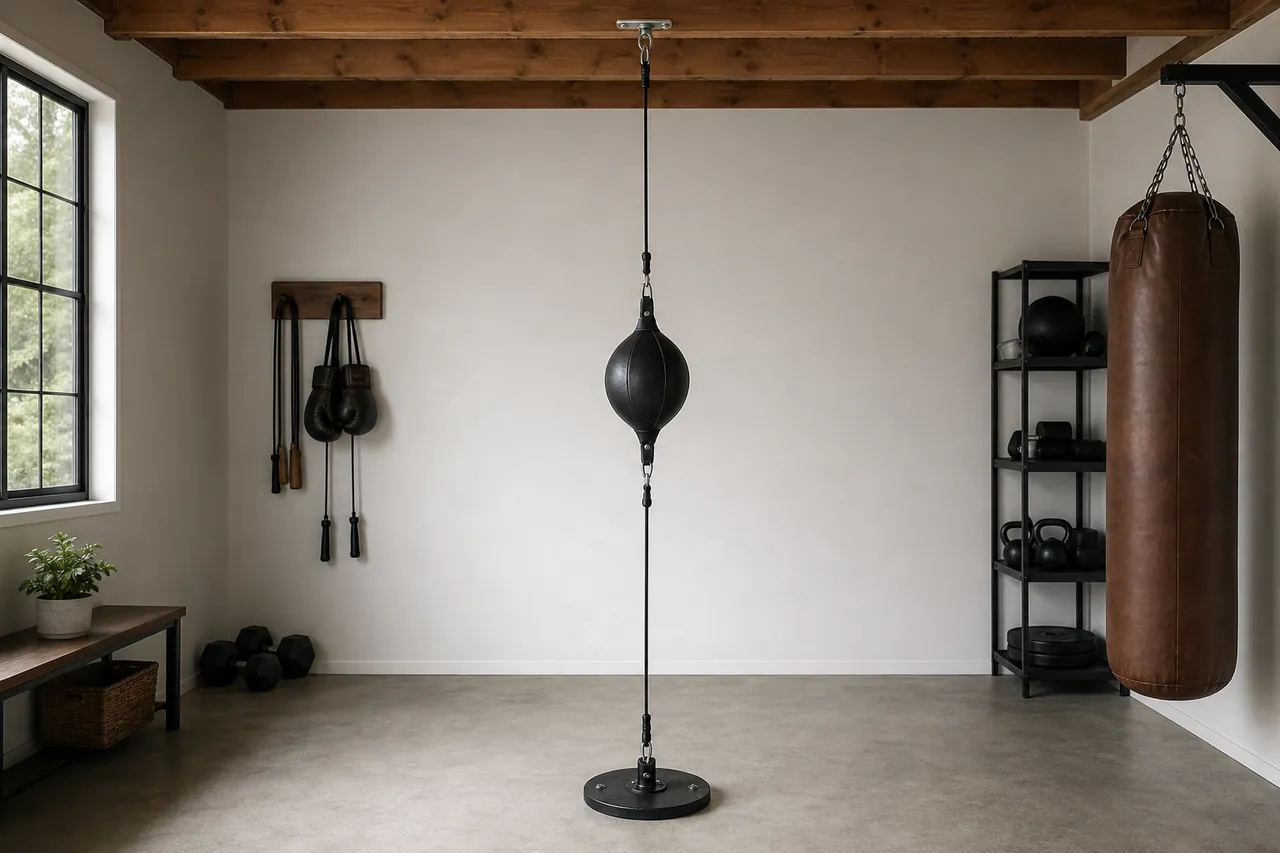 Unbranded double-end punching bag suspended between ceiling and weighted floor anchors in a home gym
