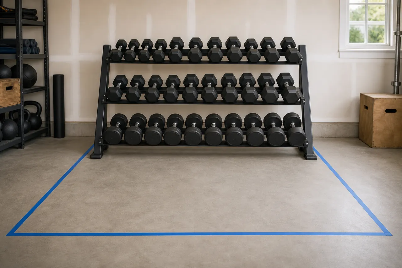 Generic three-tier dumbbell rack inside a taped retrieval zone in a garage gym