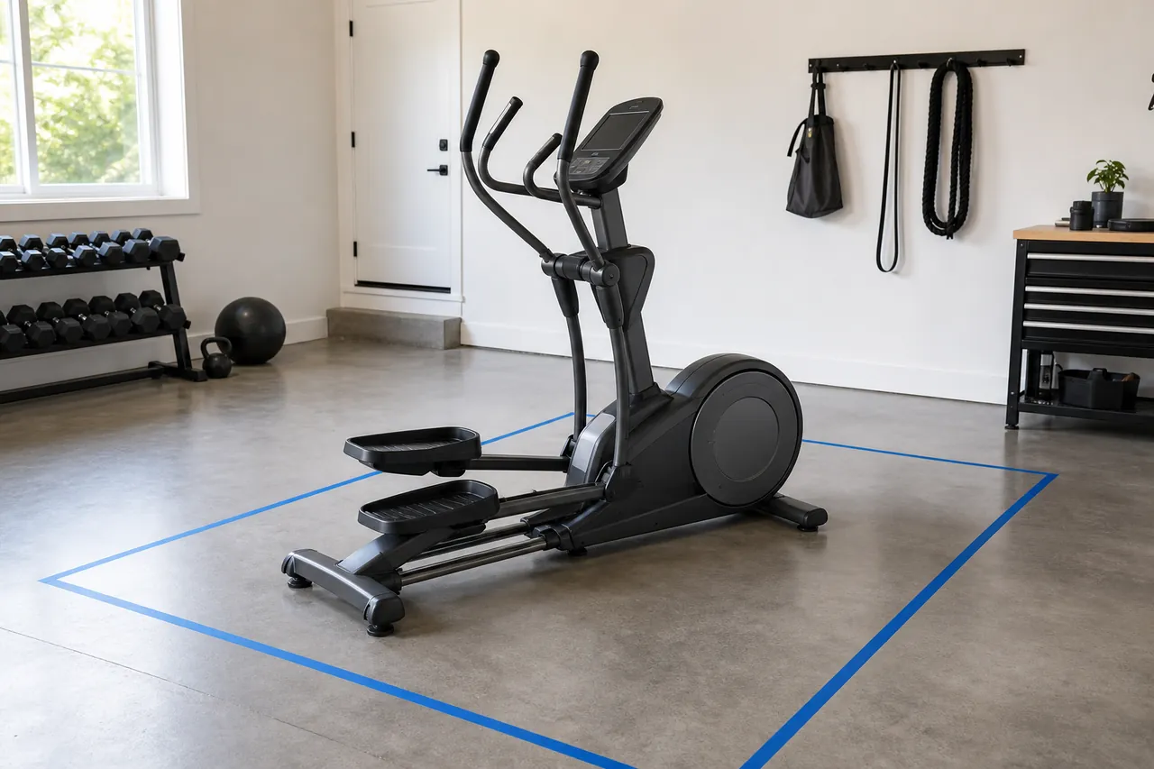 Generic elliptical machine inside a taped operating zone in a bright garage gym