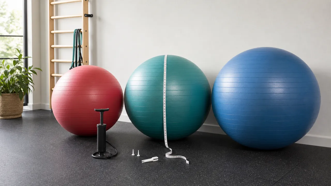 Three generic exercise balls of different diameters beside a floor pump, plugs and measuring tape in a home gym.