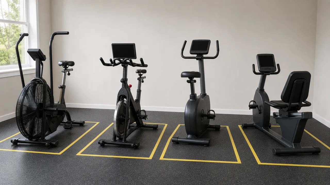 Four generic unbranded stationary bikes in a bright home training room with floor tape showing space around them