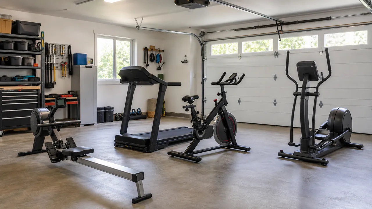 Four generic unbranded cardio machines with visible floor space in a bright garage gym
