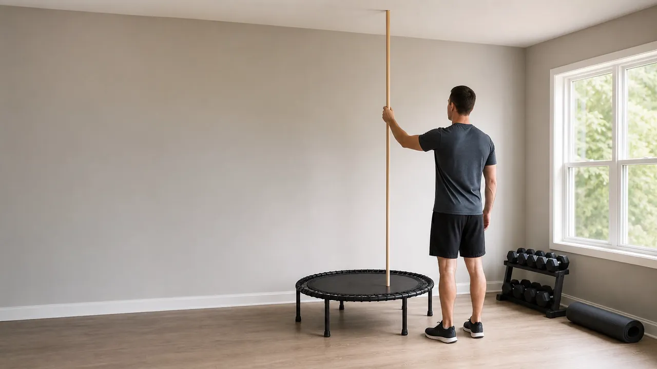 An unbranded fitness rebounder being measured in a bright home gym