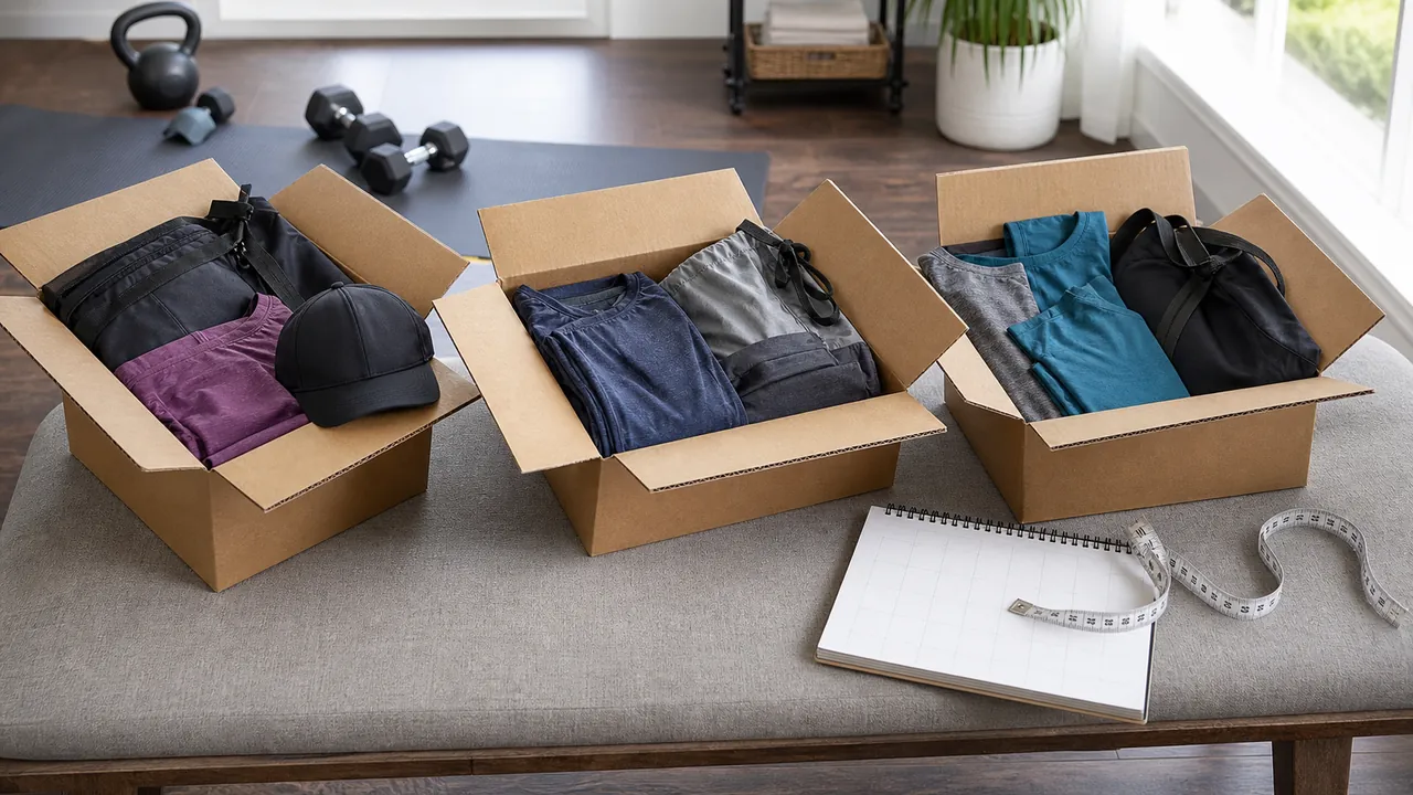 Three generic unbranded parcel boxes with folded workout apparel and a gym bag