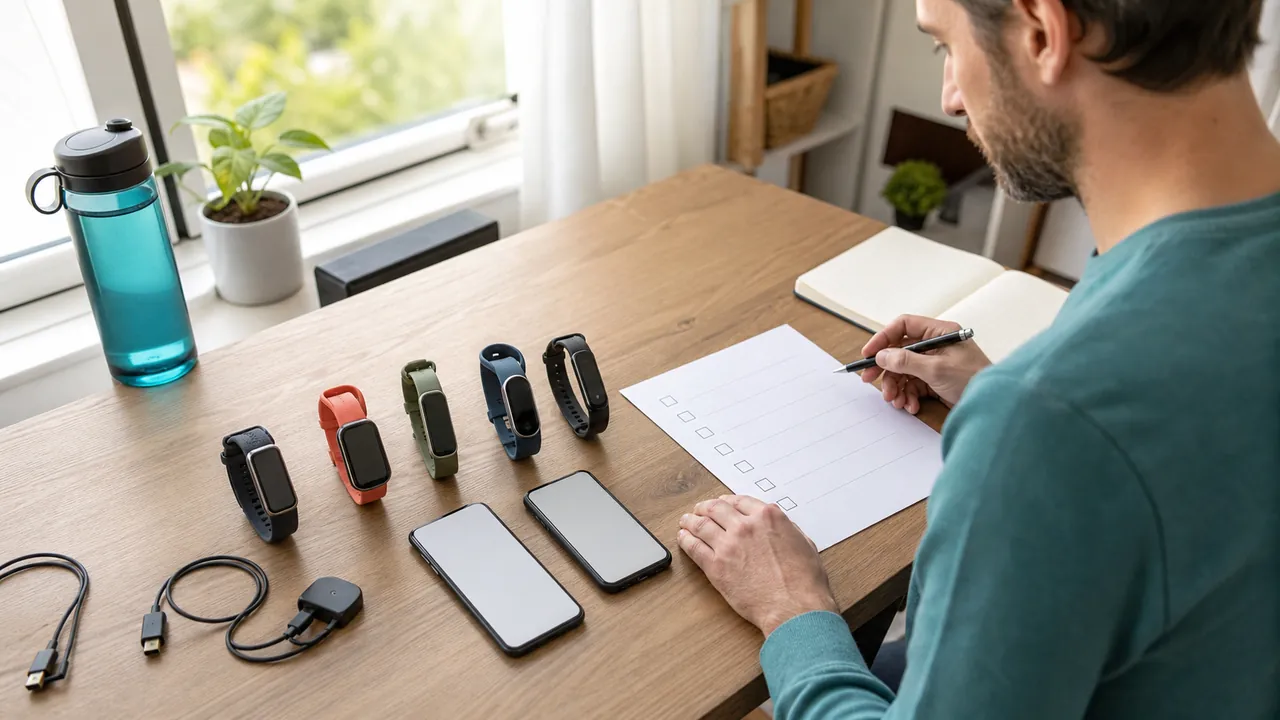 A shopper compares five generic fitness bands, two phones, and charging cables at a home desk.