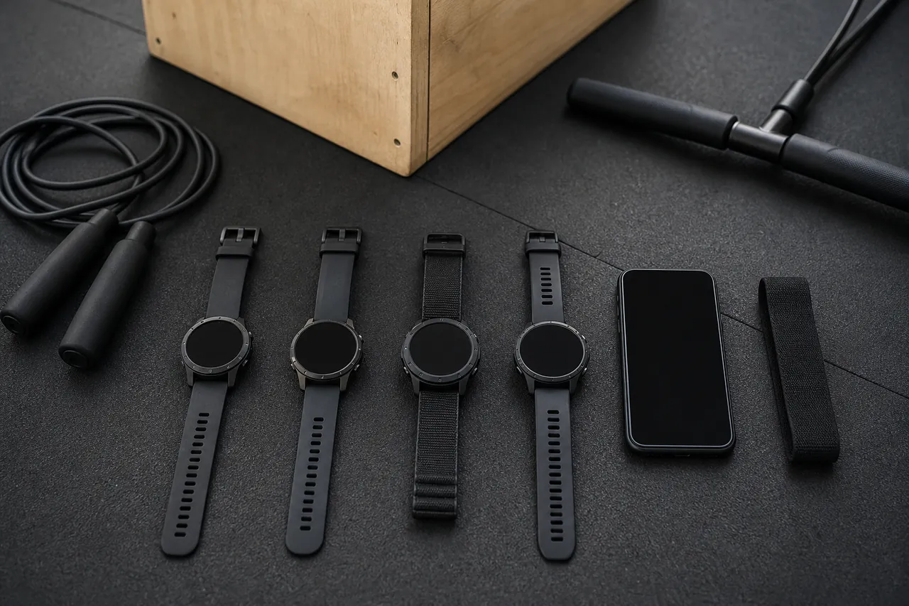 Four generic sports watches beside a phone and sizing strip on a gym floor