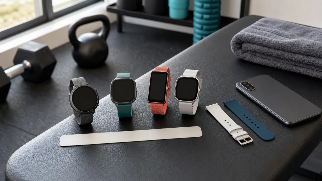 Four generic unbranded watches, spare bands and a blank sizing strip on a home-gym bench.
