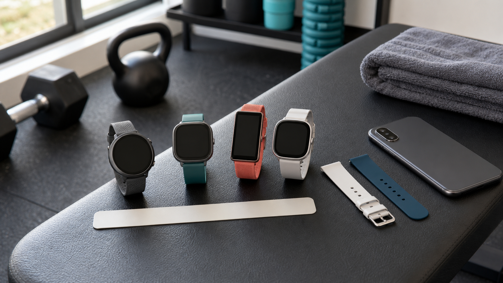 Four generic unbranded watches, spare bands and a blank sizing strip on a home-gym bench.